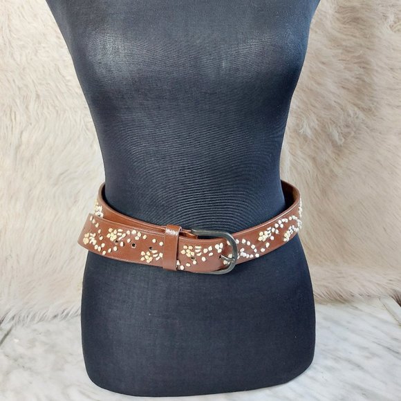 Steve & Barry's Women's Brown Leather Gunmetal Buckle Boho Rope Embroidered Belt - Picture 1 of 8